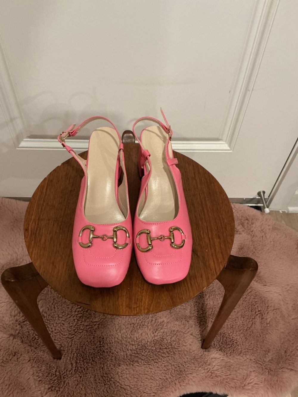 Women’s Pink Square-Toe Slingback Flats with Gold Bit Detail